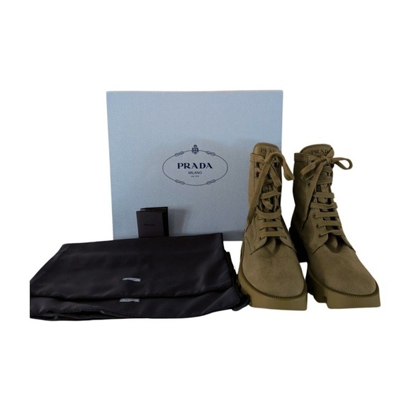 NIB Prada Khaki Canvas Lace Up Combat Boots‎ Women Size 39.5 - Picture 2 of 14